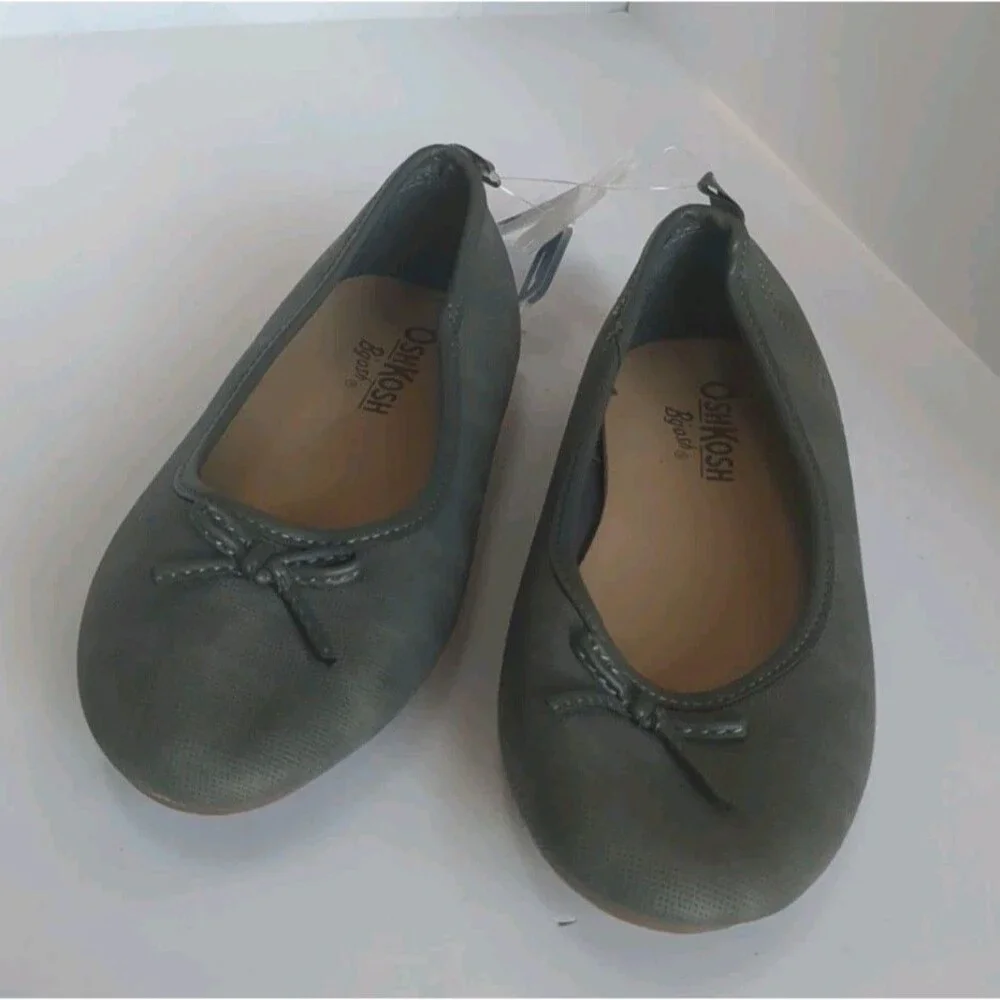 NWT Oshkosh Ballerina Flats Girls 1M Dress Sandals Bow Slip On Dark Grey NEW